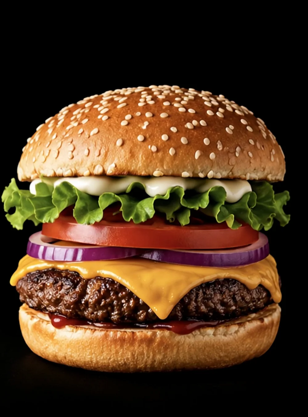 Un hamburger intero: pane al sesamo, insalata, pomodoro, cipolla rossa, formaggio fuso, carne.